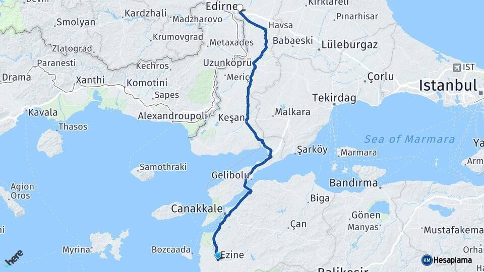 Çanakkale Ezine Edirne Arası Kaç Km - Yol Haritası