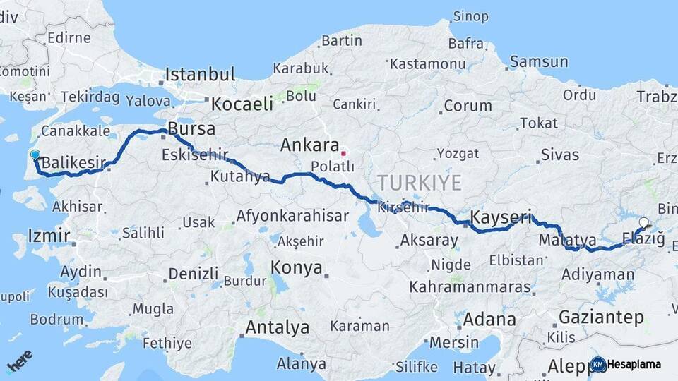 Çanakkale Ezine Elazığ Arası Kaç Km - Yol Haritası