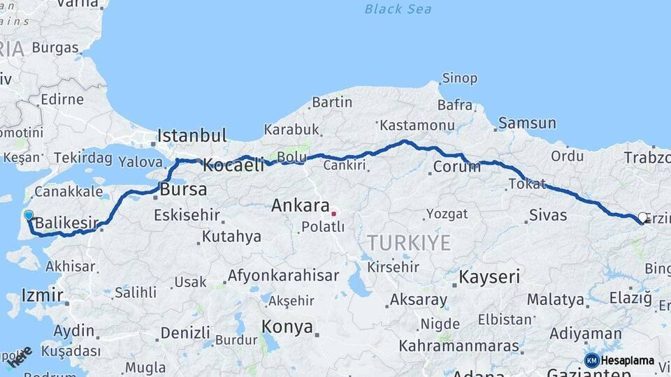 Çanakkale Ezine Erzincan Arası Kaç Km - Yol Haritası