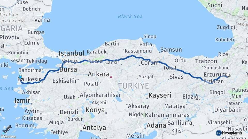 Çanakkale Ezine Erzurum Arası Kaç Km - Yol Haritası