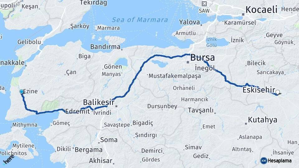 Çanakkale Ezine Eskişehir Arası Kaç Km - Yol Haritası