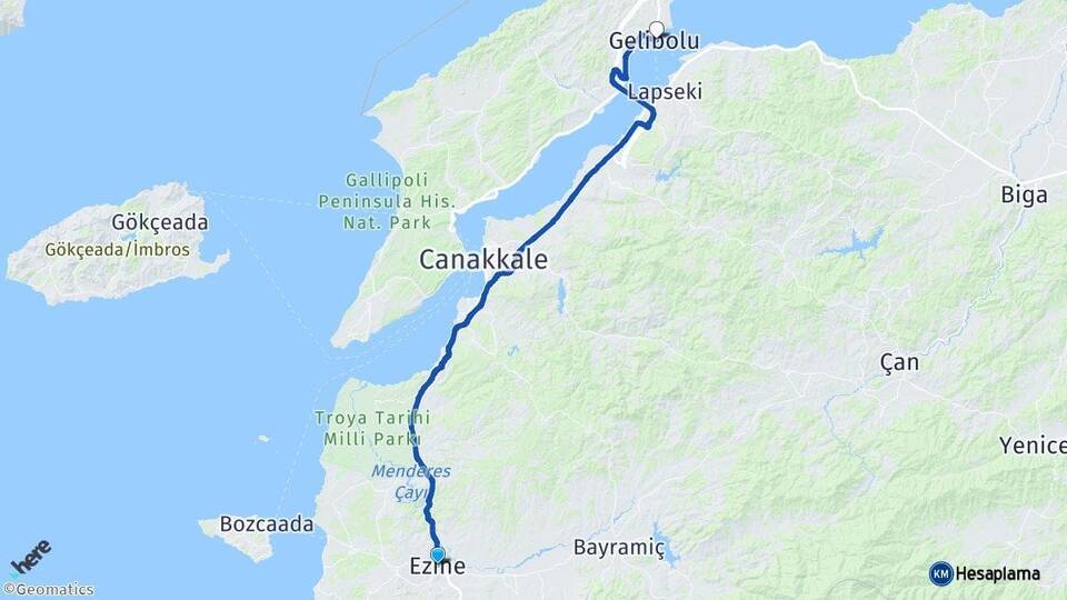 Çanakkale Ezine Gelibolu Arası Kaç Km - Yol Haritası
