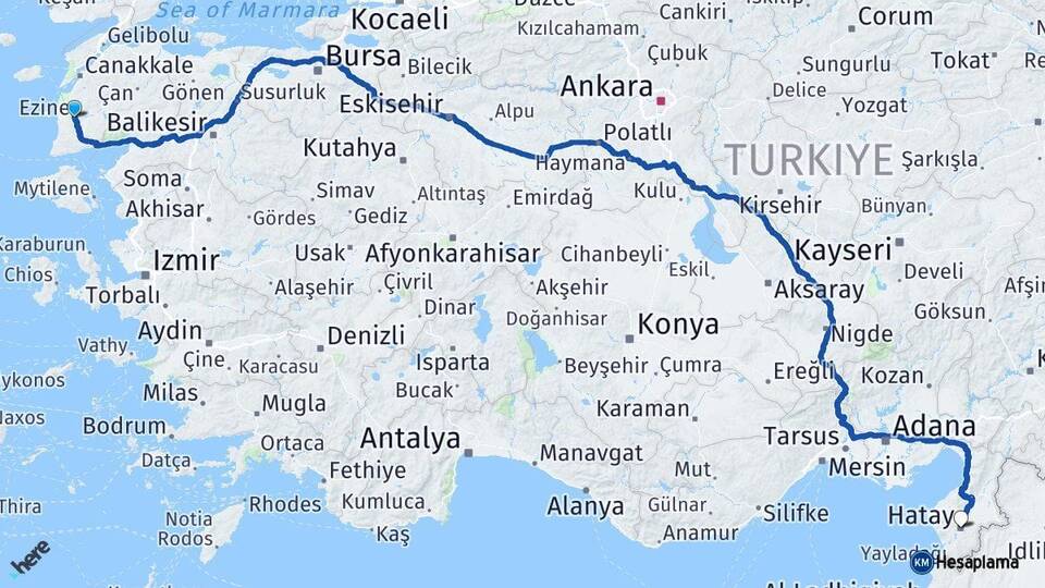 Çanakkale Ezine Hatay Arası Kaç Km - Yol Haritası