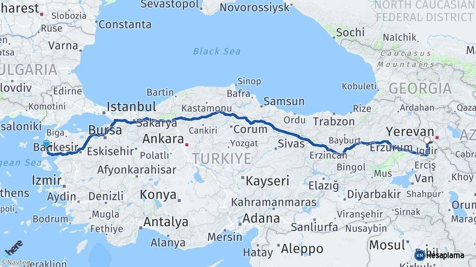 Çanakkale Ezine Iğdır Arası Kaç Km - Yol Haritası
