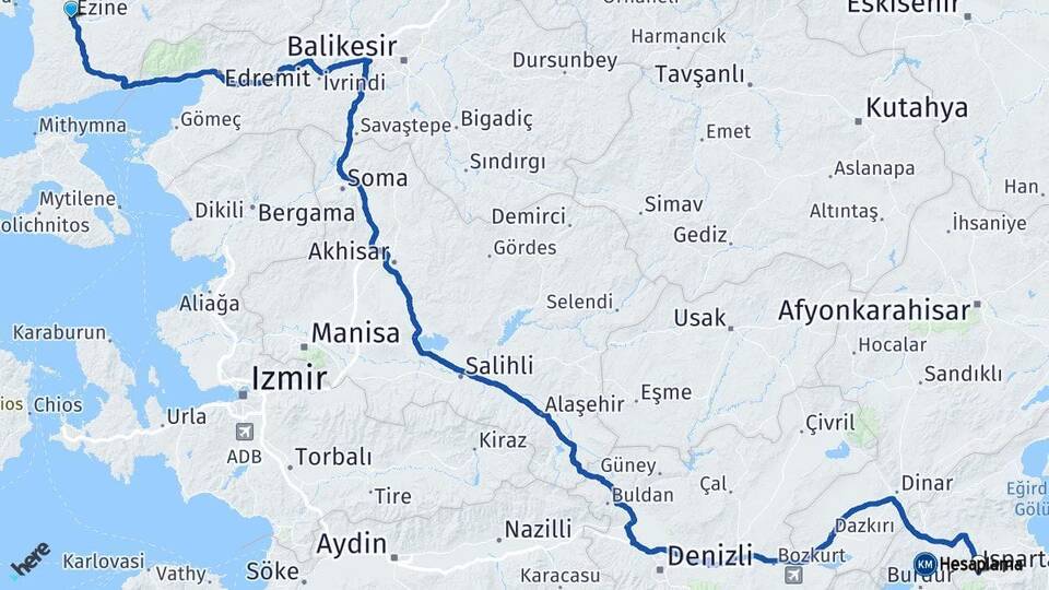 Çanakkale Ezine Isparta Arası Kaç Km - Yol Haritası