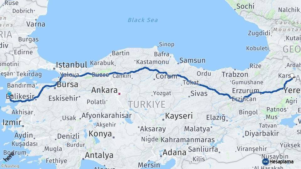 Çanakkale Ezine Kars Arası Kaç Km - Yol Haritası