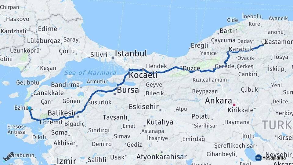 Çanakkale Ezine Kastamonu Arası Kaç Km - Yol Haritası