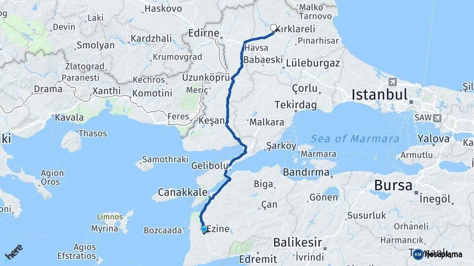 Çanakkale Ezine Kırklareli Arası Kaç Km - Yol Haritası