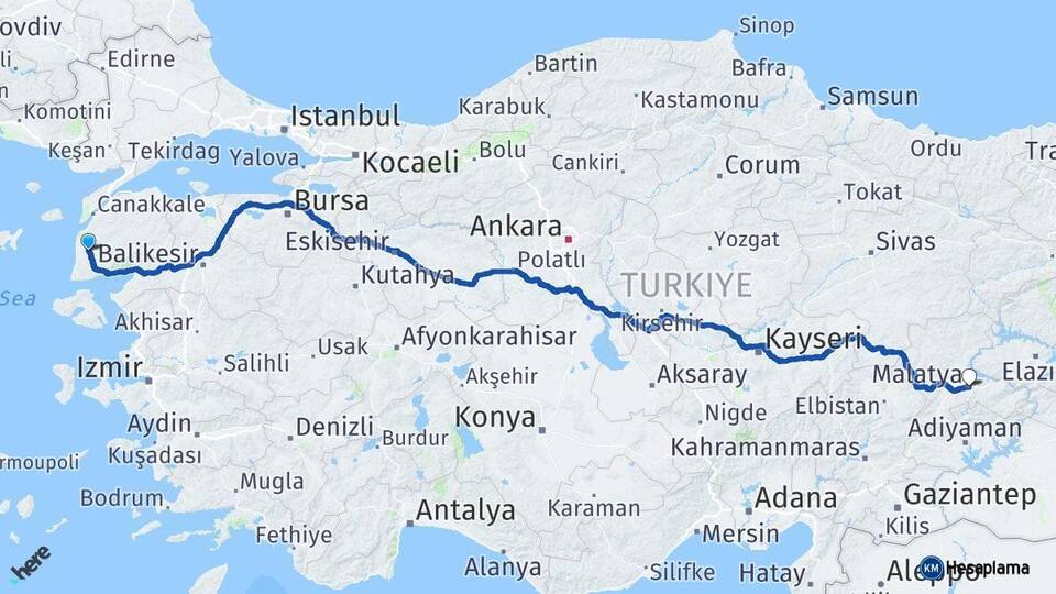 Çanakkale Ezine Malatya Arası Kaç Km - Yol Haritası