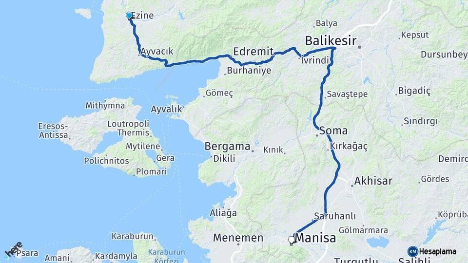 Çanakkale Ezine Manisa Arası Kaç Km - Yol Haritası