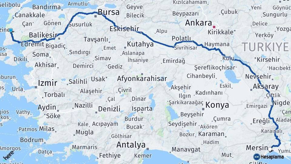 Çanakkale Ezine Mersin Arası Kaç Km - Yol Haritası