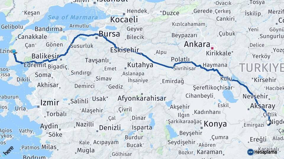 Çanakkale Ezine Niğde Arası Kaç Km - Yol Haritası