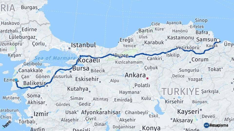 Çanakkale Ezine Samsun Arası Kaç Km - Yol Haritası