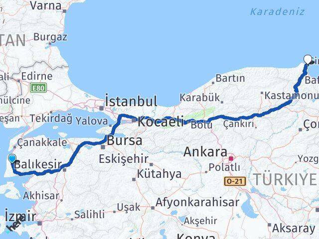 Çanakkale Ezine Sinop Arası Kaç Km - Yol Haritası