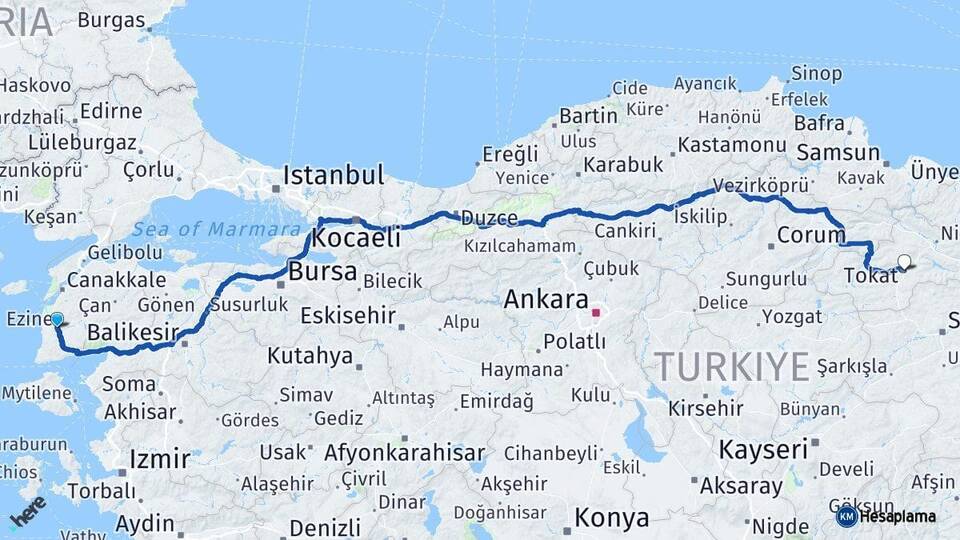 Çanakkale Ezine Tokat Arası Kaç Km - Yol Haritası