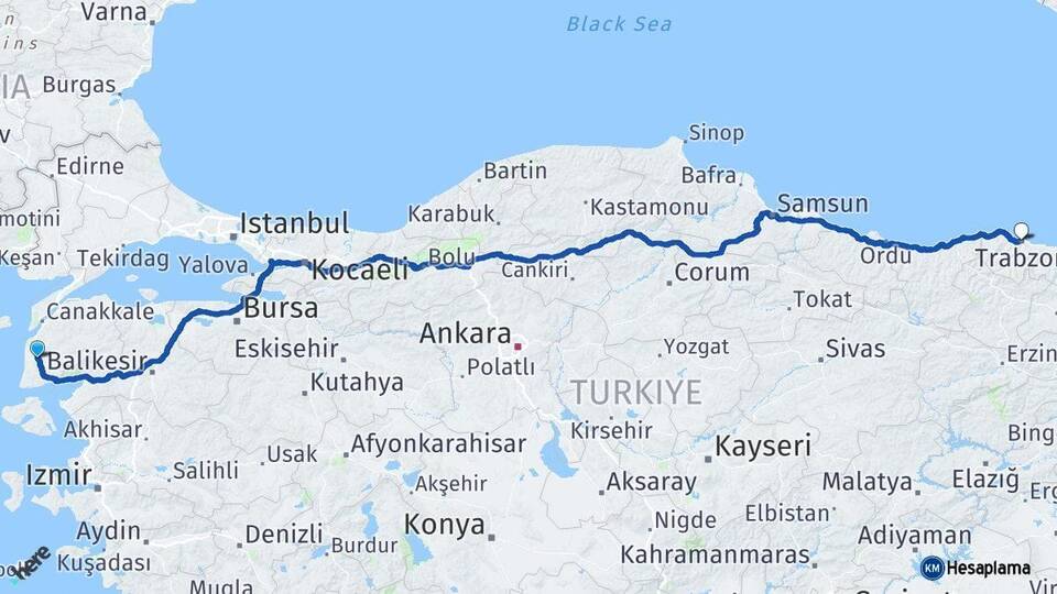 Çanakkale Ezine Trabzon Arası Kaç Km - Yol Haritası