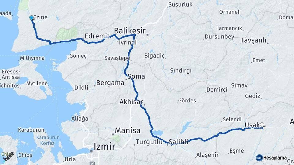 Çanakkale Ezine Uşak Arası Kaç Km - Yol Haritası