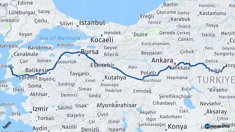 Çanakkale Ezine Yozgat Arası Kaç Km - Yol Haritası