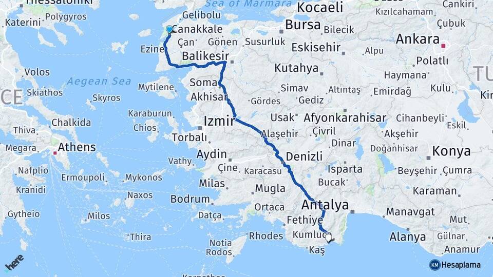 Çanakkale Finike Antalya Arası Kaç Km - Yol Haritası