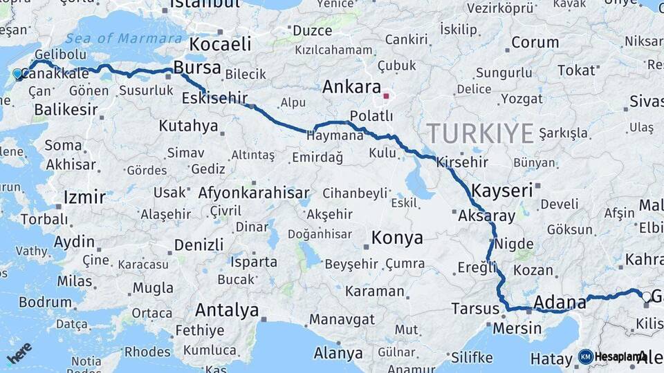Çanakkale Gaziantep Arası Kaç Km - Yol Haritası