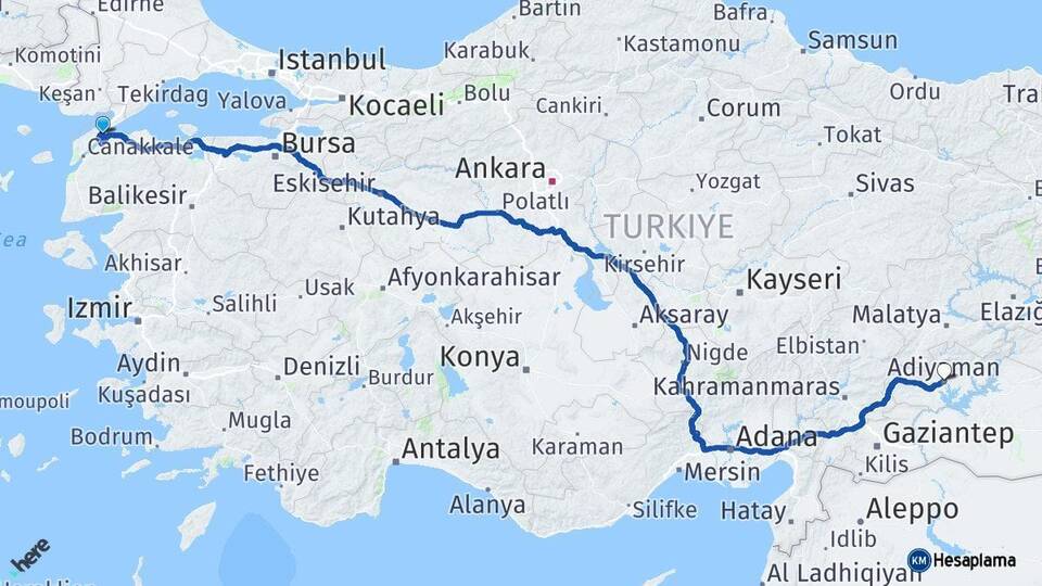 Çanakkale Gelibolu Adıyaman Arası Kaç Km - Yol Haritası