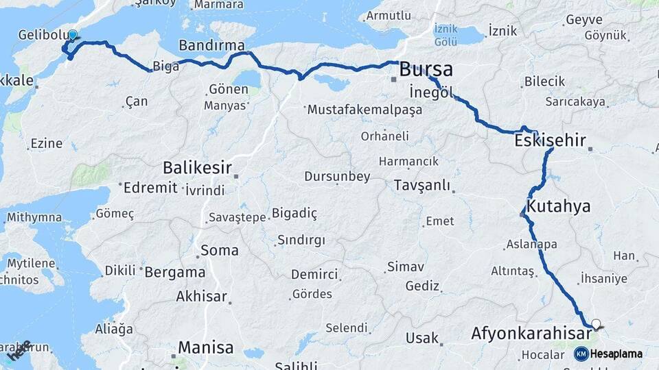 Çanakkale Gelibolu Afyonkarahisar Arası Kaç Km - Yol Haritası