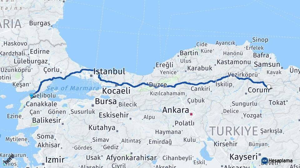 Çanakkale Gelibolu Amasya Arası Kaç Km - Yol Haritası