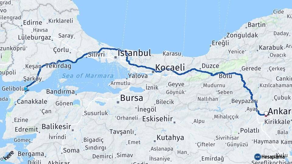 Çanakkale Gelibolu Ankara Arası Kaç Km - Yol Haritası