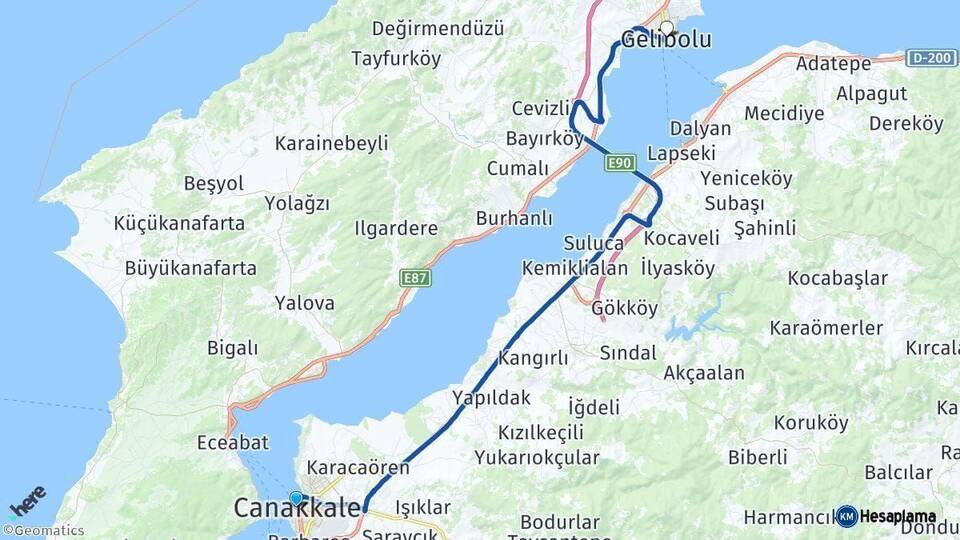 Çanakkale Gelibolu Arası Kaç Km - Yol Haritası