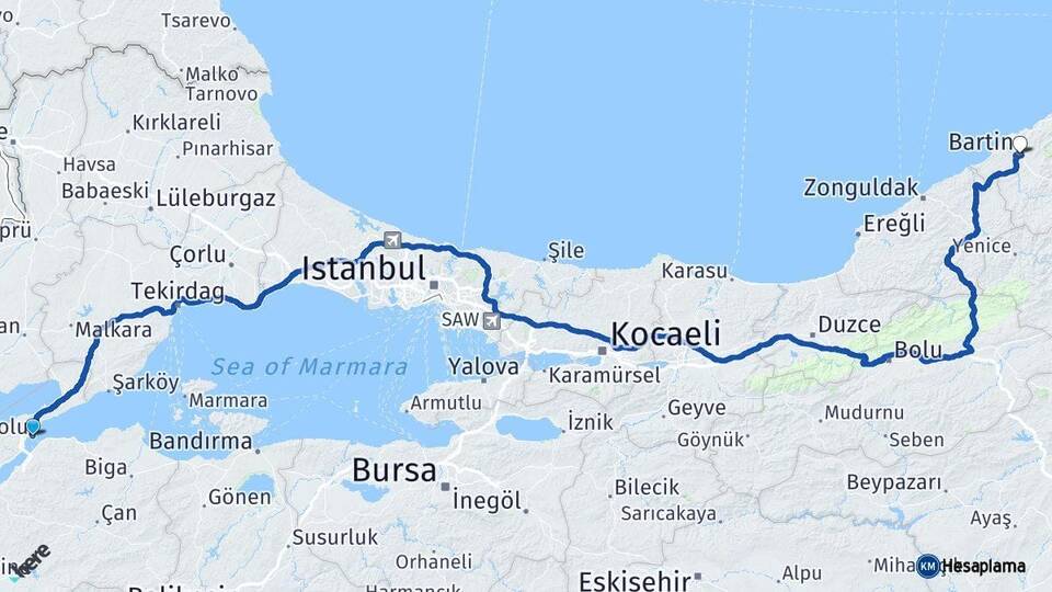 Çanakkale Gelibolu Bartın Arası Kaç Km - Yol Haritası