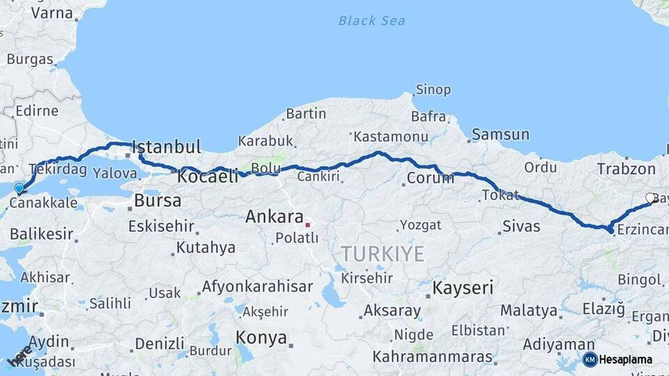 Çanakkale Gelibolu Bayburt Arası Kaç Km - Yol Haritası