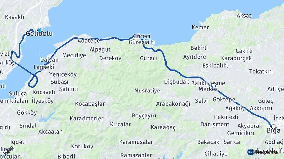 Çanakkale Gelibolu Biga Arası Kaç Km - Yol Haritası