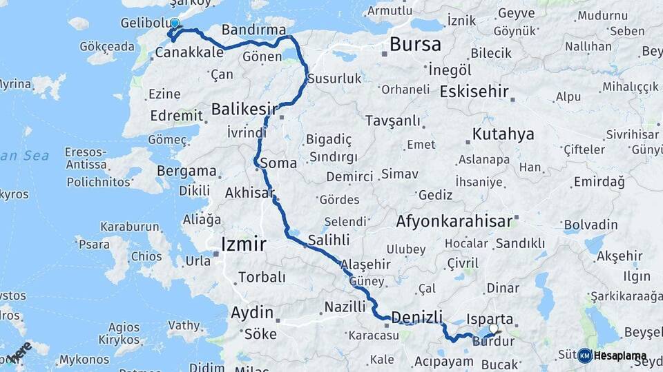 Çanakkale Gelibolu Burdur Arası Kaç Km - Yol Haritası