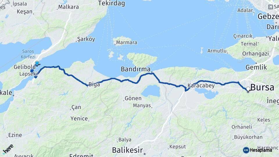 Çanakkale Gelibolu Bursa Arası Kaç Km - Yol Haritası