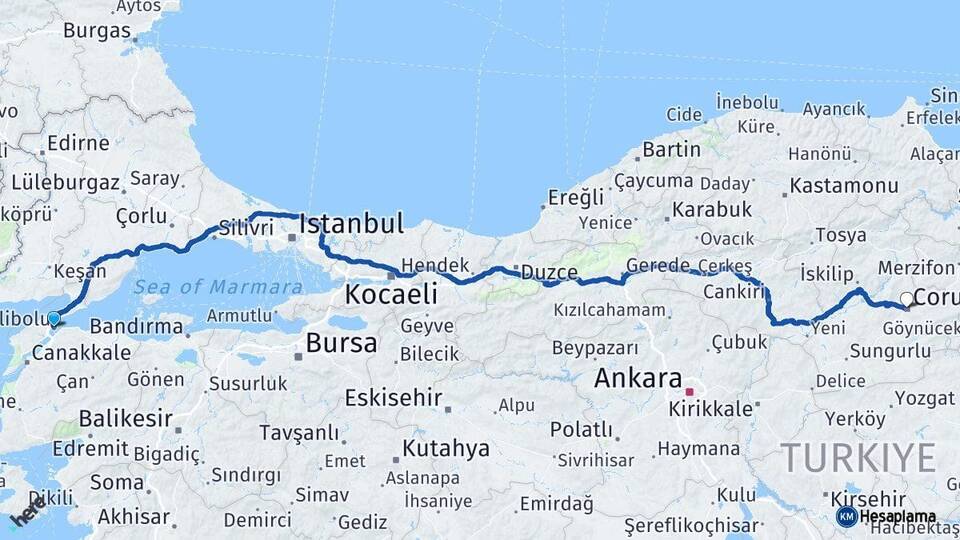 Çanakkale Gelibolu Çorum Arası Kaç Km - Yol Haritası
