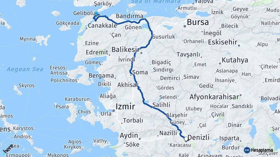 Çanakkale Gelibolu Denizli Arası Kaç Km - Yol Haritası