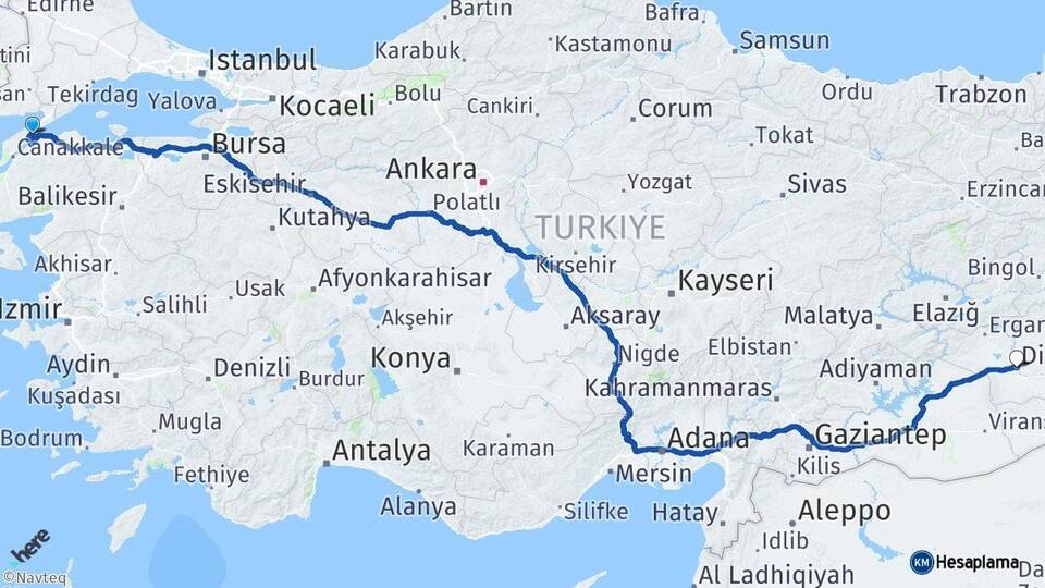 Çanakkale Gelibolu Diyarbakır Arası Kaç Km - Yol Haritası