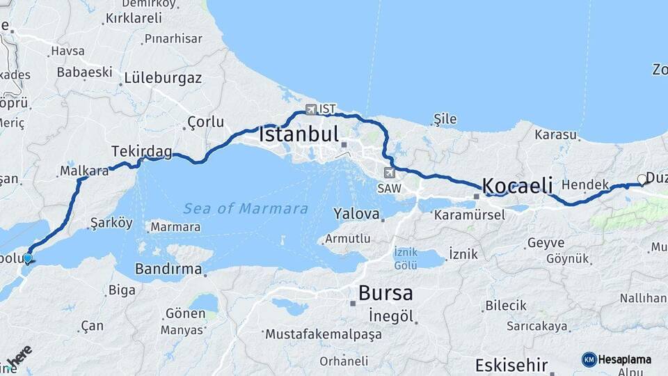 Çanakkale Gelibolu Düzce Arası Kaç Km - Yol Haritası