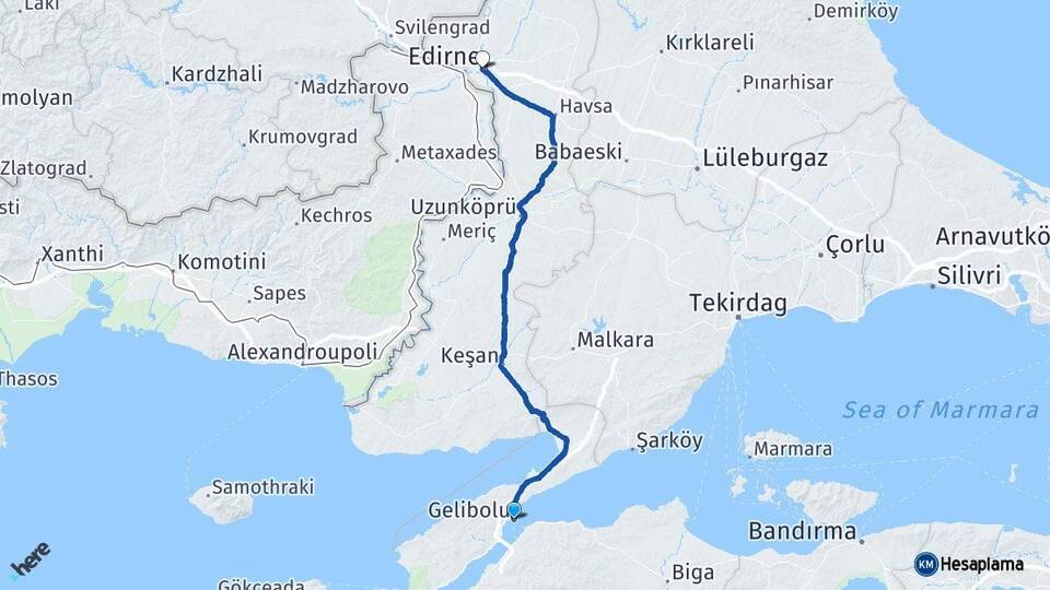 Çanakkale Gelibolu Edirne Arası Kaç Km - Yol Haritası