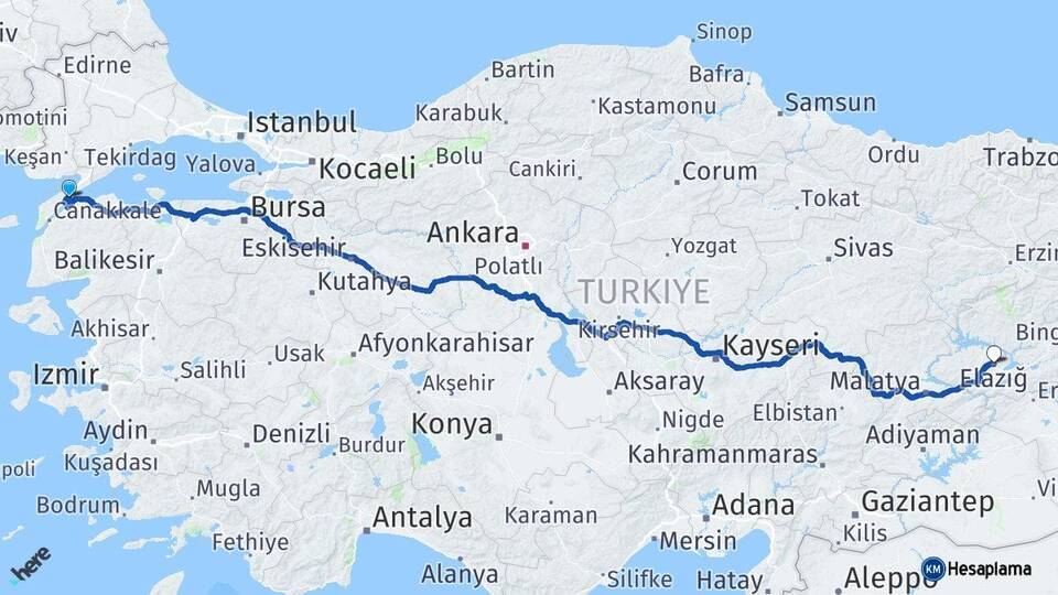 Çanakkale Gelibolu Elazığ Arası Kaç Km - Yol Haritası