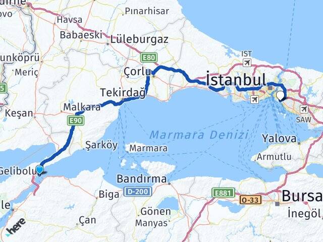 Çanakkale Gelibolu Erenköy Kadıköy İstanbul Arası Kaç Km - Yol Haritası