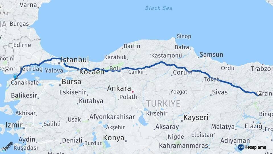 Çanakkale Gelibolu Erzincan Arası Kaç Km - Yol Haritası