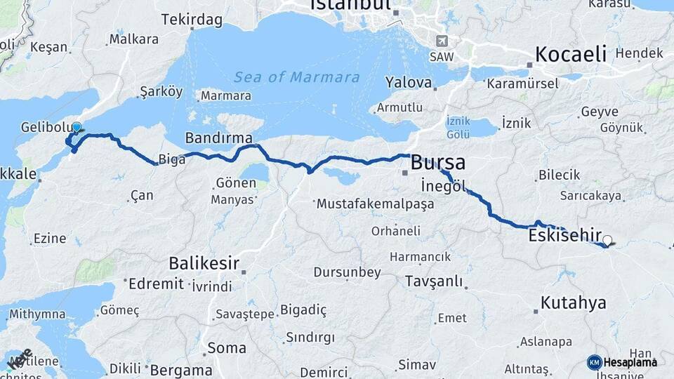 Çanakkale Gelibolu Eskişehir Arası Kaç Km - Yol Haritası
