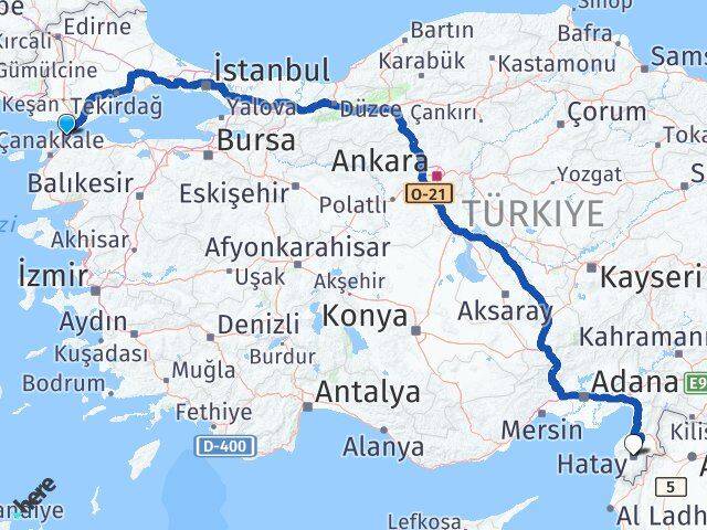 Çanakkale Gelibolu Hatay Arası Kaç Km - Yol Haritası