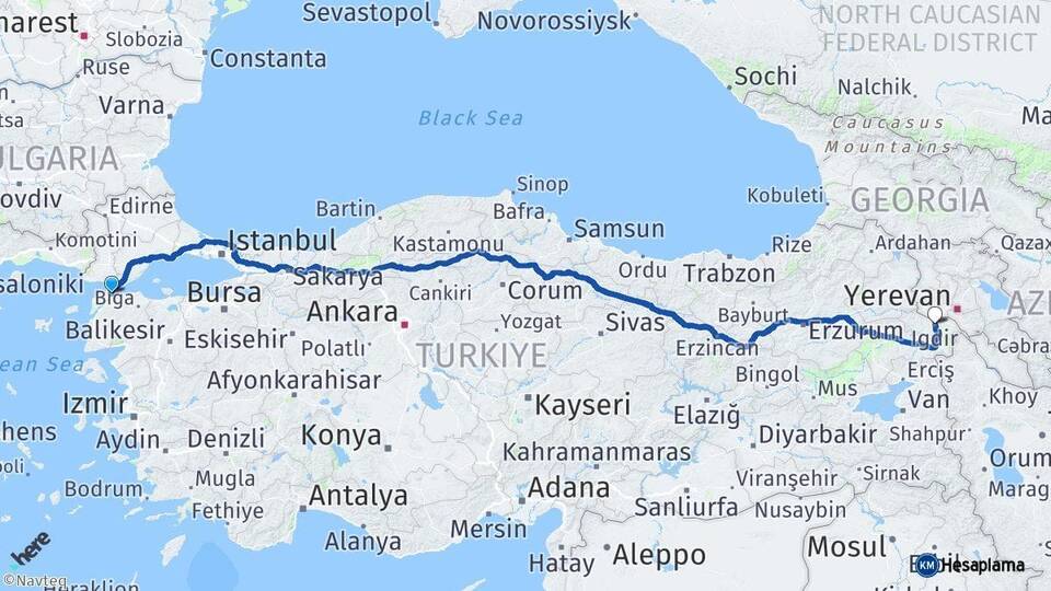 Çanakkale Gelibolu Iğdır Arası Kaç Km - Yol Haritası