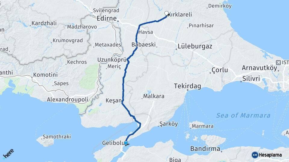 Çanakkale Gelibolu Kırklareli Arası Kaç Km - Yol Haritası