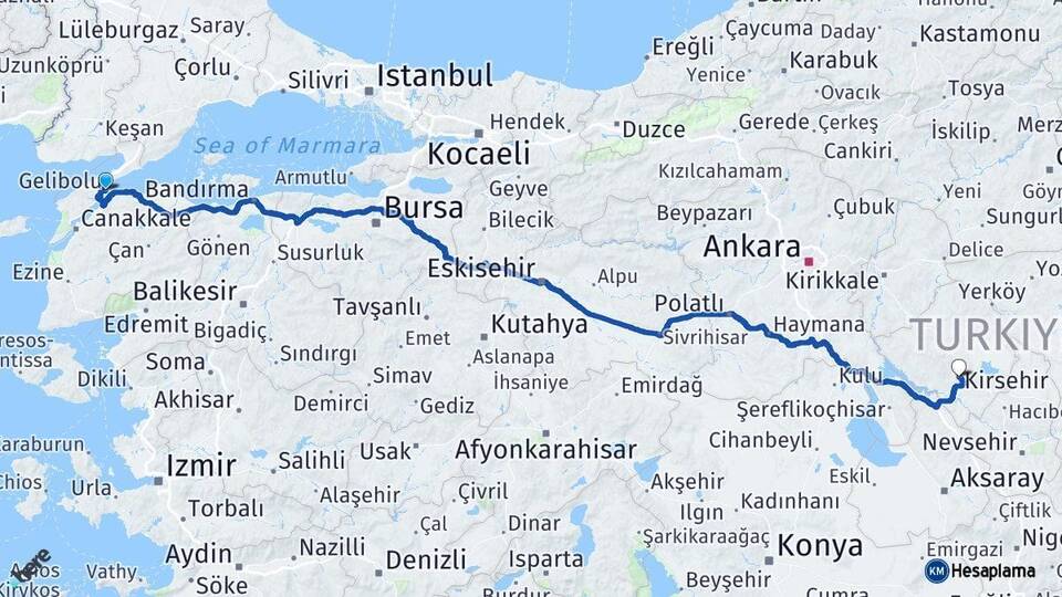 Çanakkale Gelibolu Kırşehir Arası Kaç Km - Yol Haritası