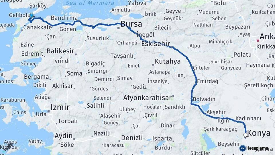 Çanakkale Gelibolu Konya Arası Kaç Km - Yol Haritası