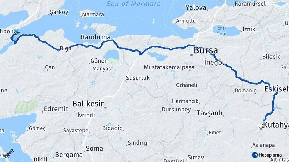 Çanakkale Gelibolu Kütahya Arası Kaç Km - Yol Haritası