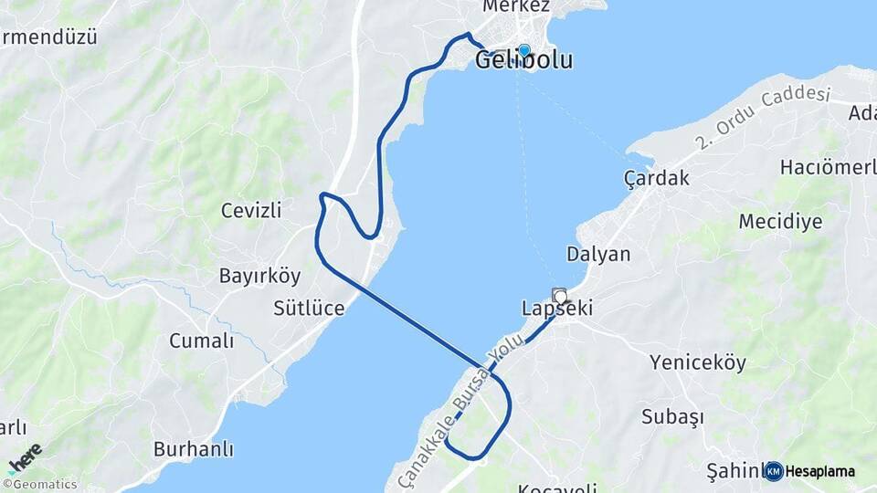 Çanakkale Gelibolu Lapseki Arası Kaç Km - Yol Haritası